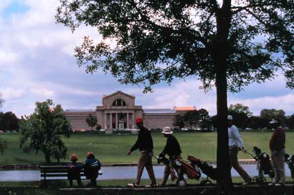 Golfers and Couple on Bench at Art Museum